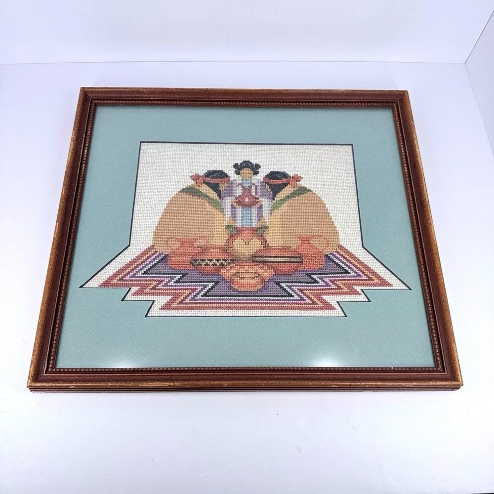 Framed Hand Stitched Needlepoint Southwest Figure Wall‎ Art Wood Frame 13x15